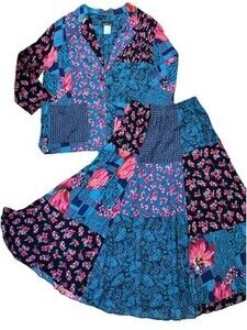 Vintage 2pc Carole Little CL Abstract Floral Blouse & Skirt Set Sz 12